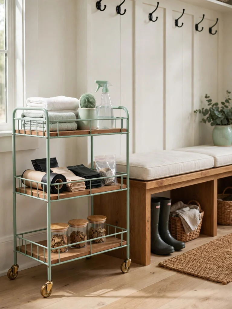Smart Cleaning and Storage Cart with towels, a paw cleaner cup, waste bags, and treat jars