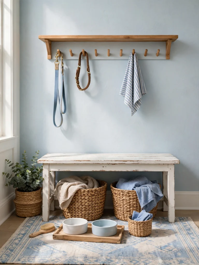 Budget DIY Pet Station Makeover with a painted thrifted bench, peg shelf, baskets, and washable rug