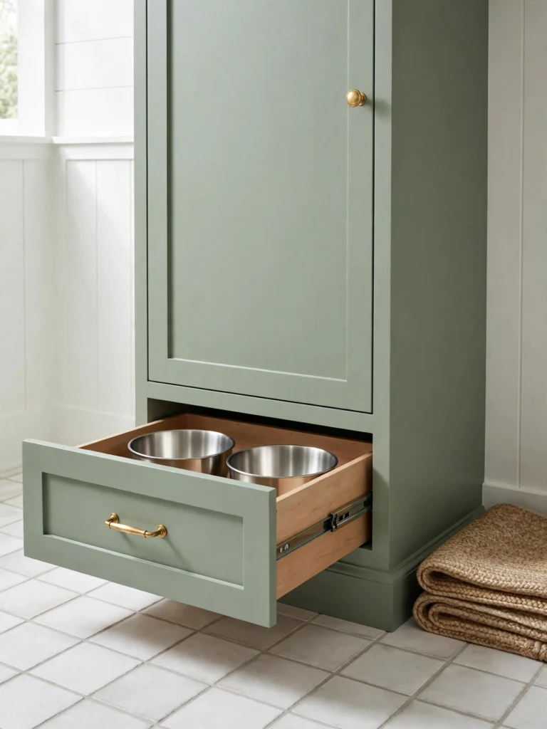 Hidden Feeding Drawer Station with stainless bowls pulled out from a sage green mudroom cabinet