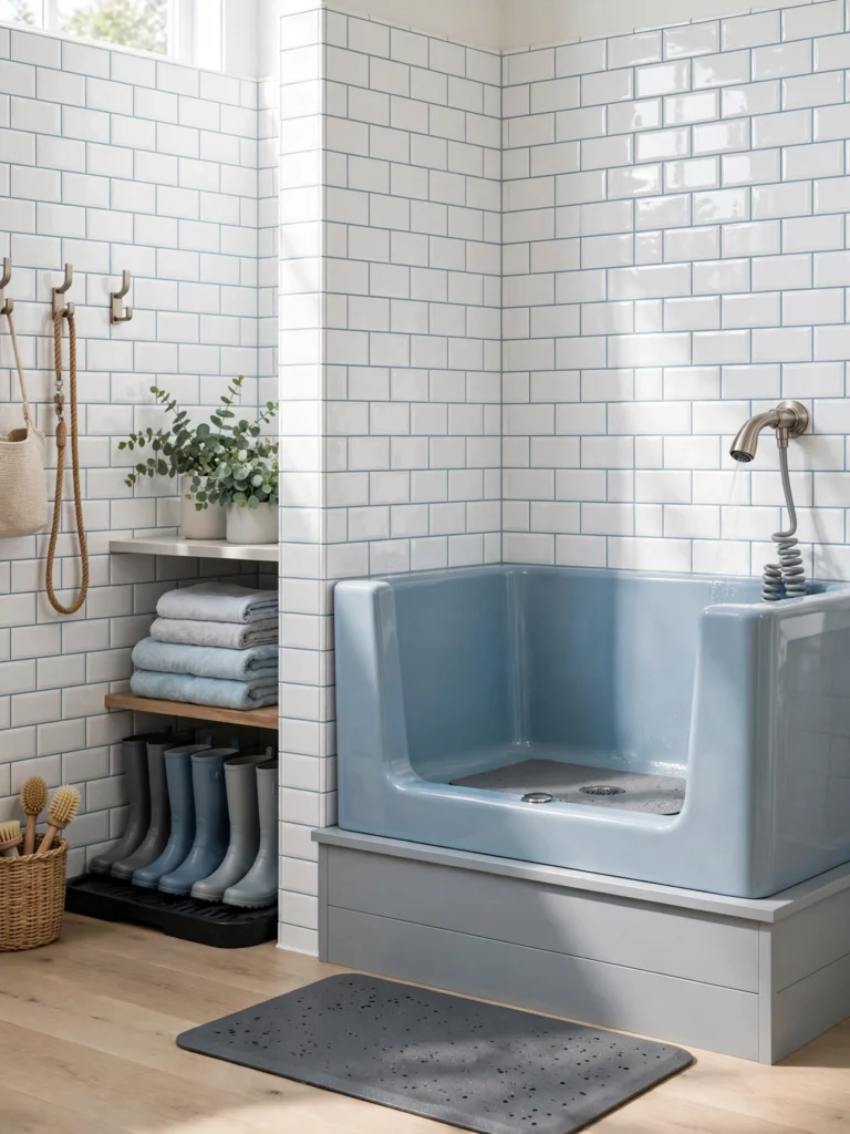 Walk-In Dog Wash Corner with subway tile, a handheld sprayer, and a stack of towels