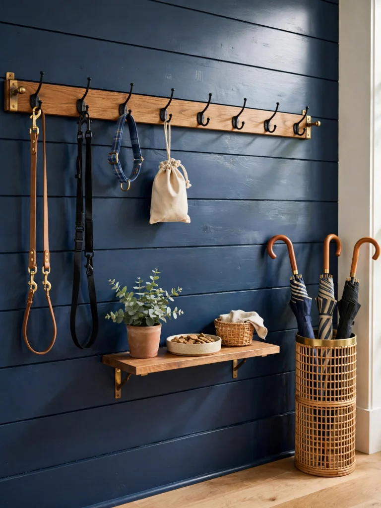 Leash and Collar Hook Wall with a wooden rail, black hooks, and a small treat dish