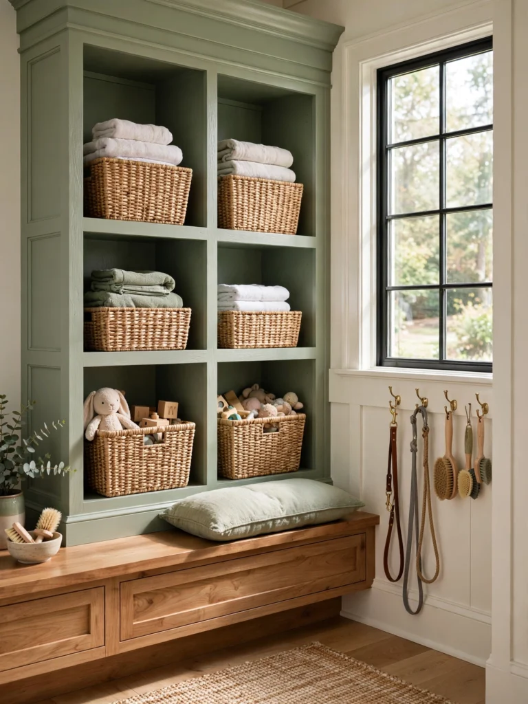 Cubby Wall for Pet Gear with woven baskets holding toys, brushes, and towels in a mudroom