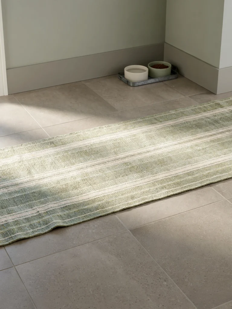 Easy-Clean Tile and Floor Plan with matte porcelain tile, a washable runner, and a pet bowl tray