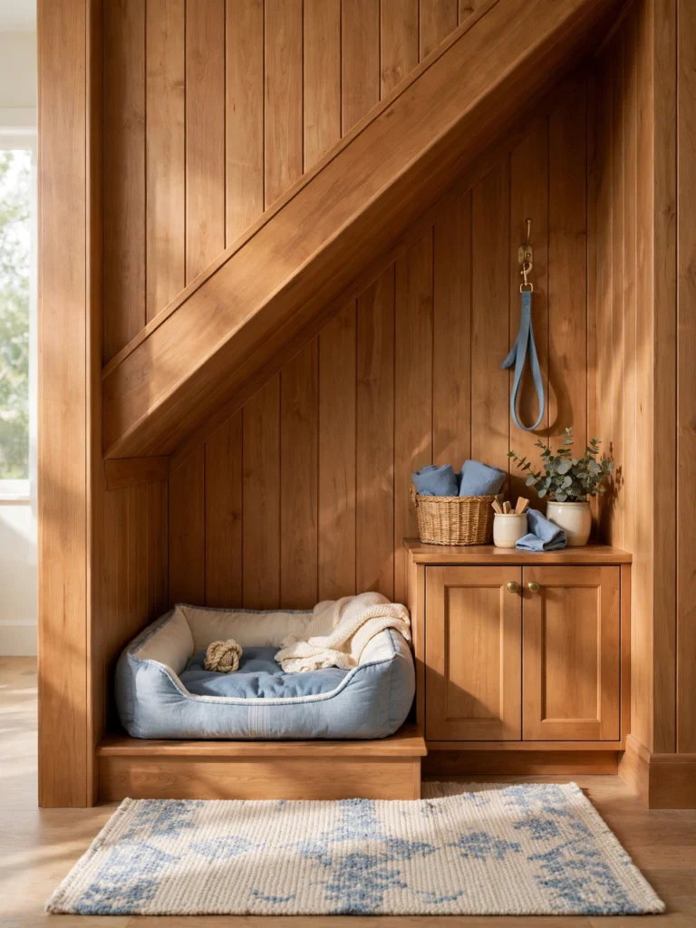 Pet Station Under the Stairs with a built-in dog bed, small cabinet, and warm wood paneling