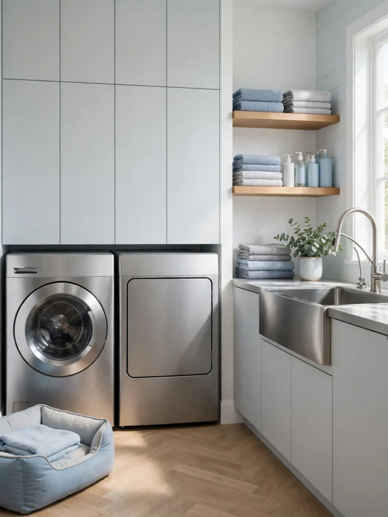 Laundry Room Pet Combo with a washer, deep utility sink, dog bed, and shelf of pet towels