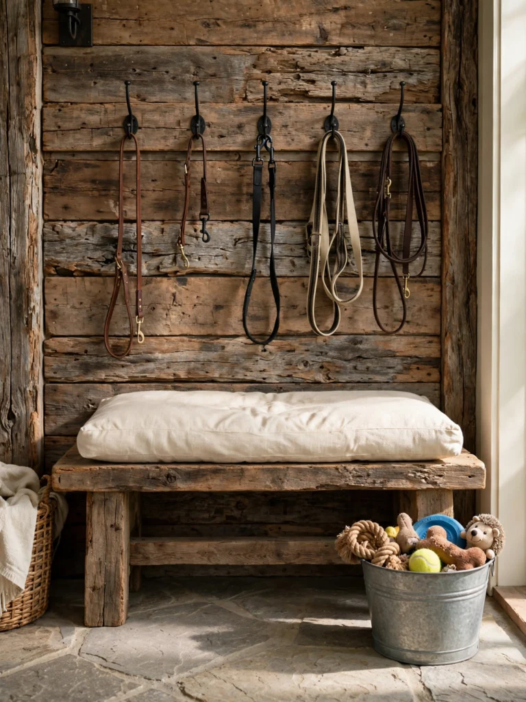 Rustic Reclaimed Wood Station with barnwood paneling, iron hooks, a galvanized toy bucket, and a bench