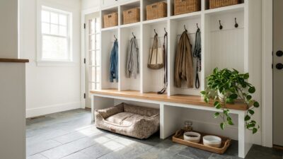 19 Mudroom Pet Station Ideas That Blend Beautiful Design With Everyday Function, featuring a bench, cubbies, and dog bed nook