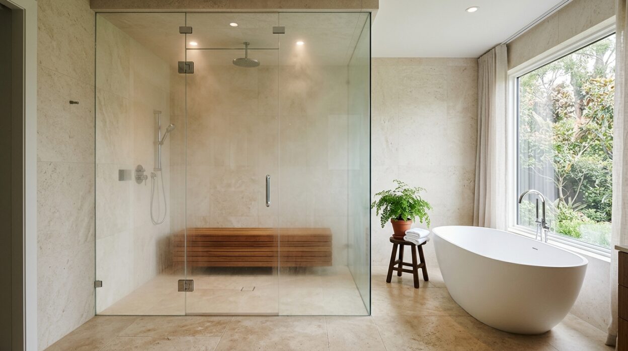18 Steam Shower Ideas That Make Your Bathroom Feel Like a Luxury Spa, featuring a misty glass steam shower