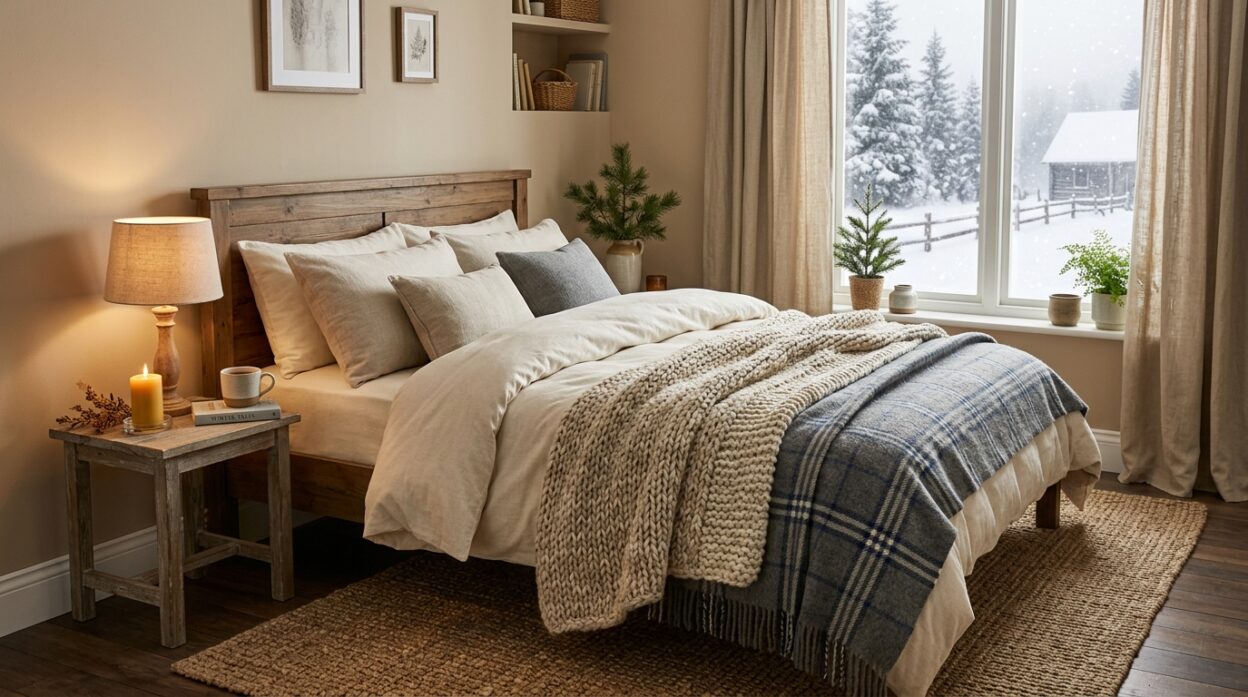16 Cozy Winter Bedroom Ideas That Make Winter Decor Feel Effortless, featuring a layered bed beside a snowy window