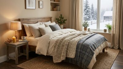 16 Cozy Winter Bedroom Ideas That Make Winter Decor Feel Effortless, featuring a layered bed beside a snowy window