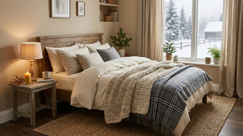 16 Cozy Winter Bedroom Ideas That Make Winter Decor Feel Effortless, featuring a layered bed beside a snowy window